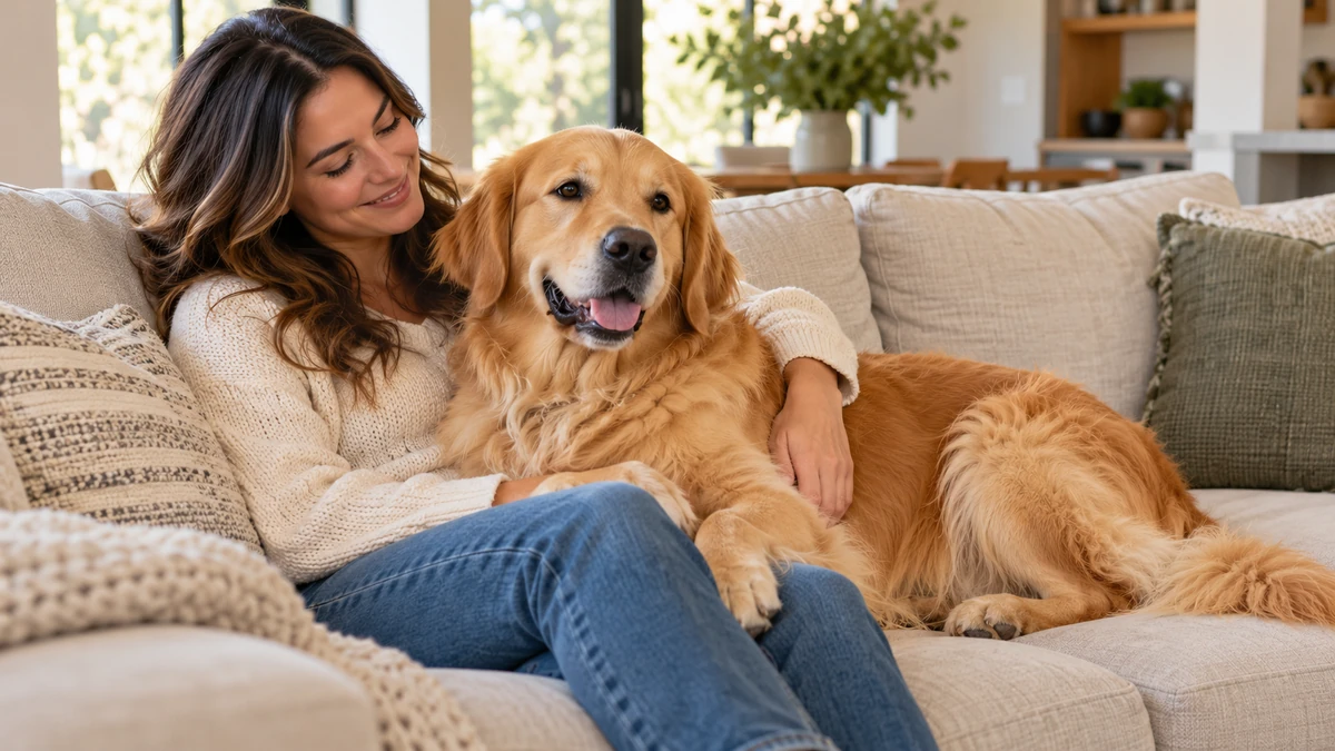 Golden Retriever köpek — sahibinin kucağında