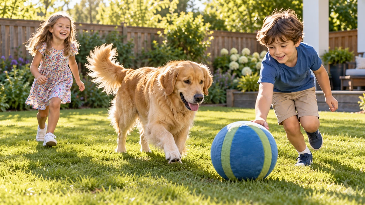 Golden Retriever köpek — çocuklarla oyun